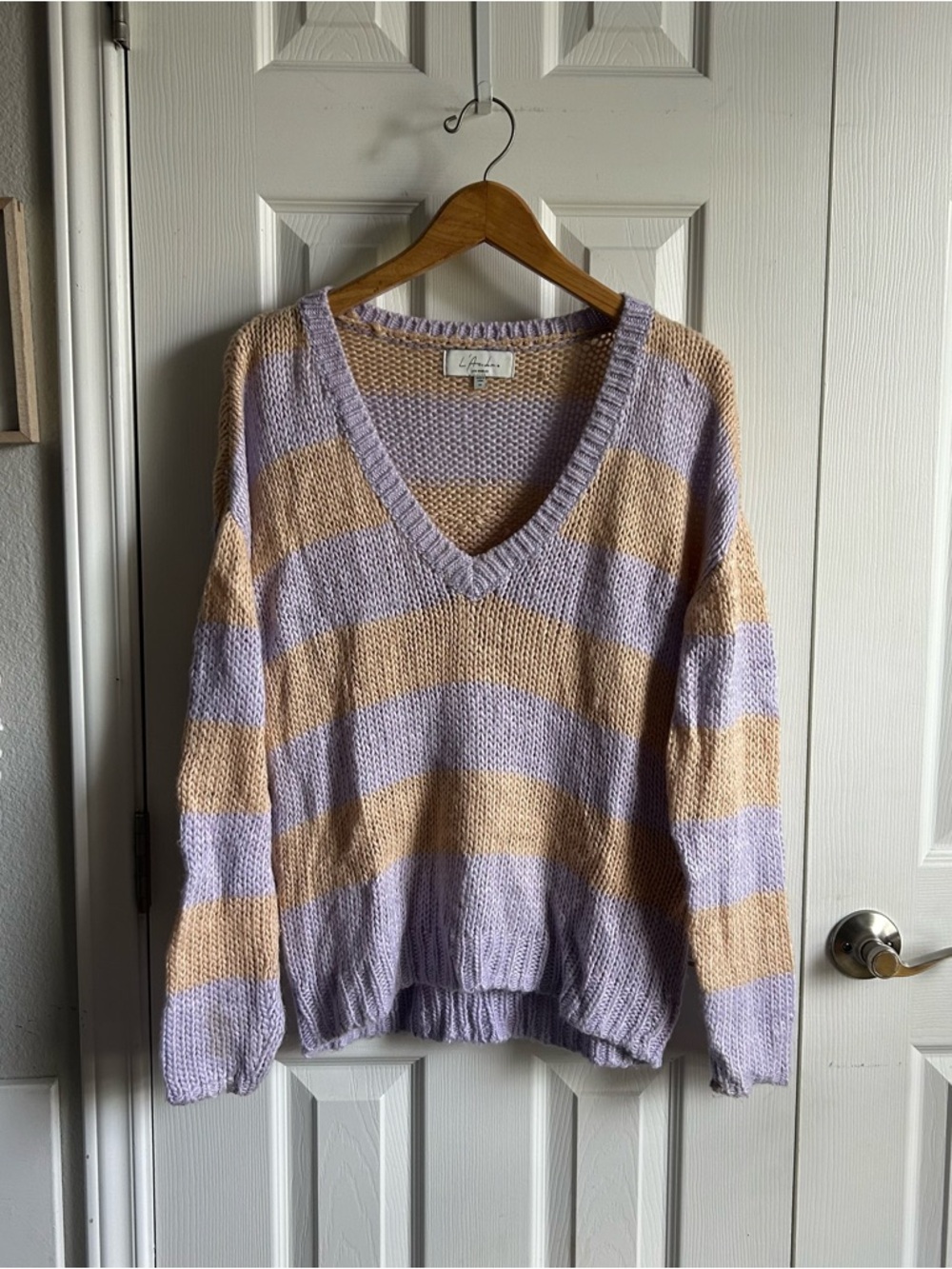 Revolve / L'ACADEMIE ribbed loose knit oversized striped vneck sweater